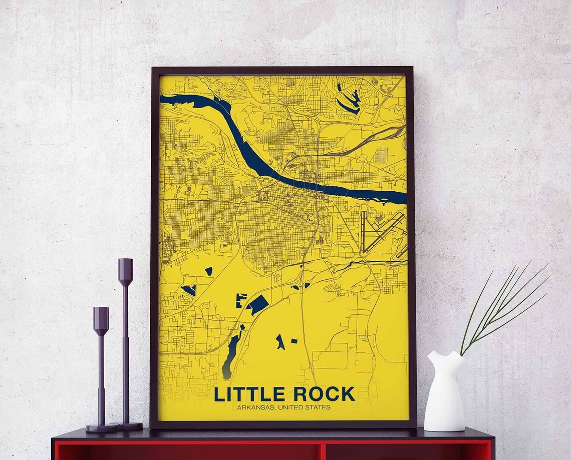 Little Rock Arkansas City Map Poster Yellow Blue Modern Wall Decor
