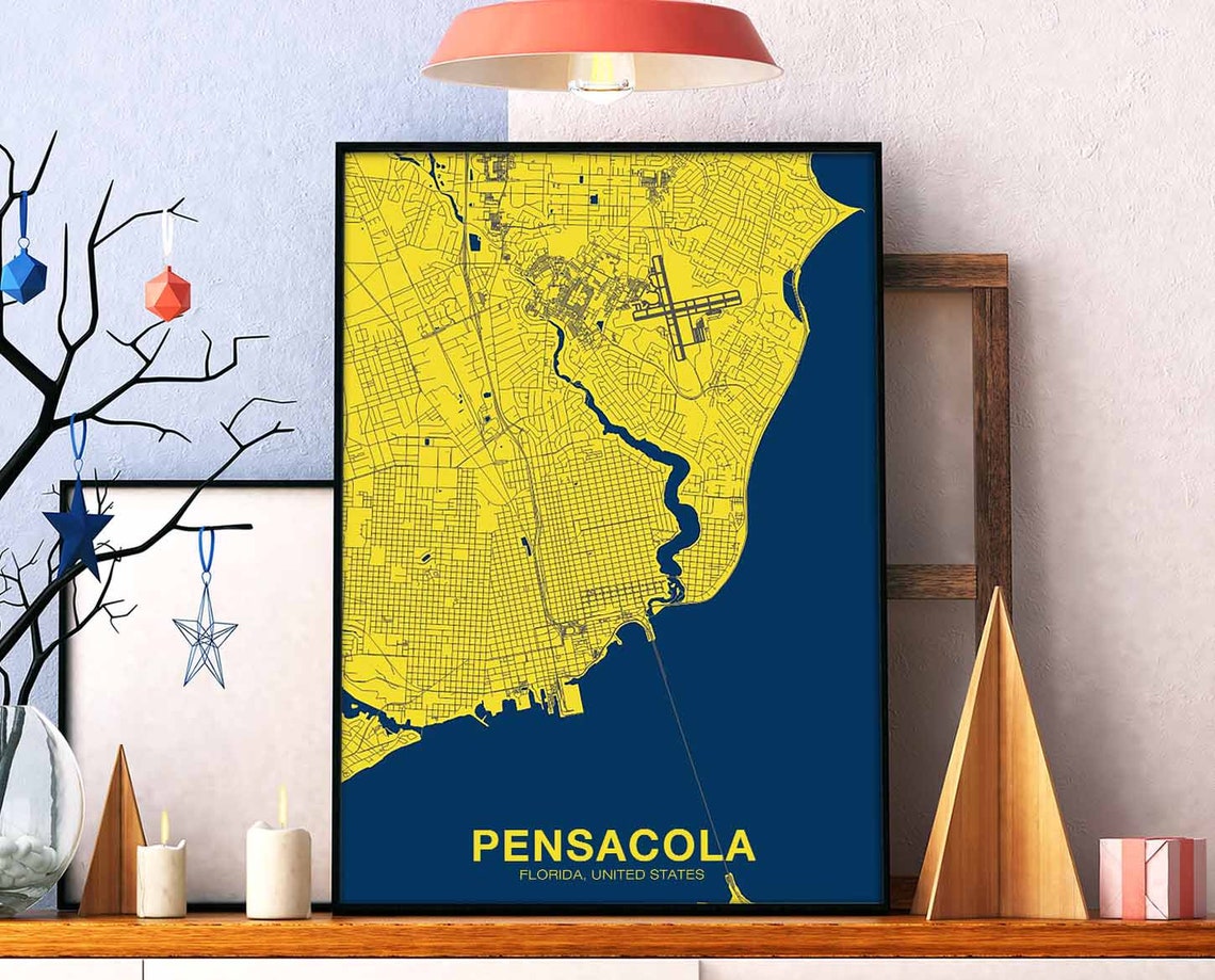 Pensacola Florida Yellow and Blue City Map Poster Modern Wall Decor