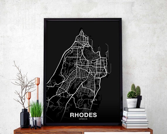 Rhodes Greece Map Poster Black White Hometown City Print Modern Home Decor Office Decoration Wall Art Dorm Bedroom Gift