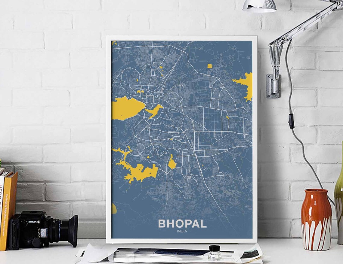 Bhopal India Blue Yellow Modern City Street Map Lakes Home Poster