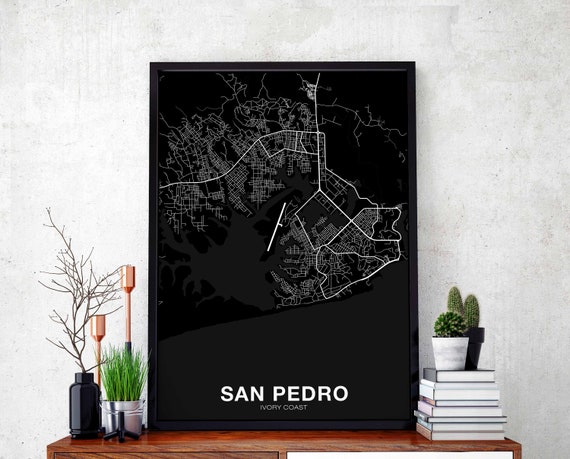 San Pedro Ivory Coast Map Poster Black White Hometown City Print Modern Home Decor Office Decoration Wall Art Dorm Bedroom Gift