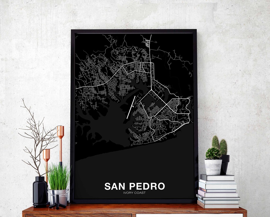 San Pedro Ivory Coast Black Modern Minimalist City Street Map Poster
