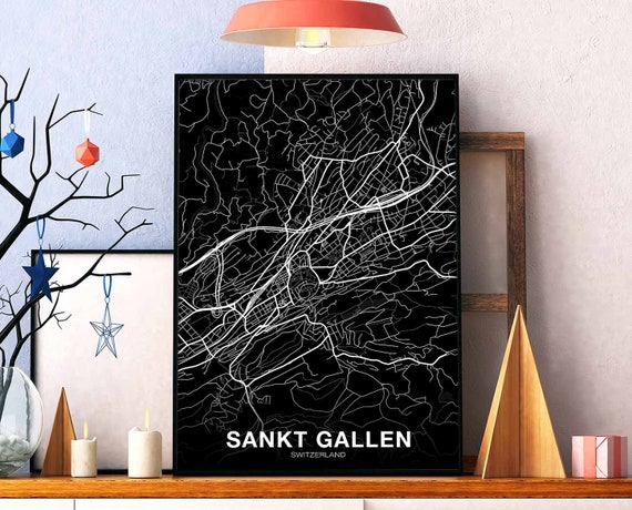 Sankt Gallen Switzerland Map Poster Black White Hometown City Print Modern Home Decor Office Decoration Wall Art Dorm Bedroom Gift