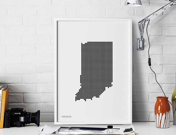 Indiana Us State Minimal Dots Retro Map Poster Black White Wall Decor Design Modern Swiss Scandinavian Nordic Housewarming Travel