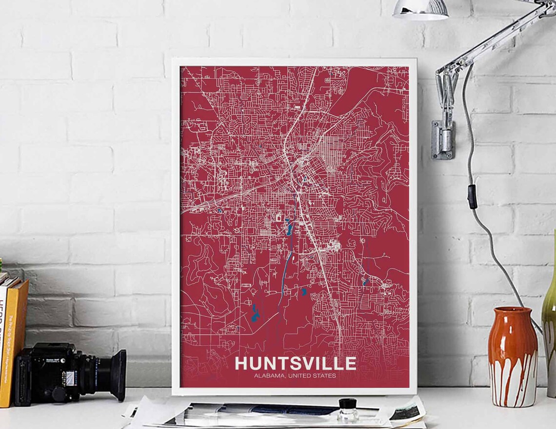 Huntsville Alabama Hometown Street Map Crimson Red City Wall Art