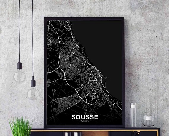 Sousse Tunisia Map Poster Black White Hometown City Print Modern Home Decor Office Decoration Wall Art Dorm Bedroom Gift