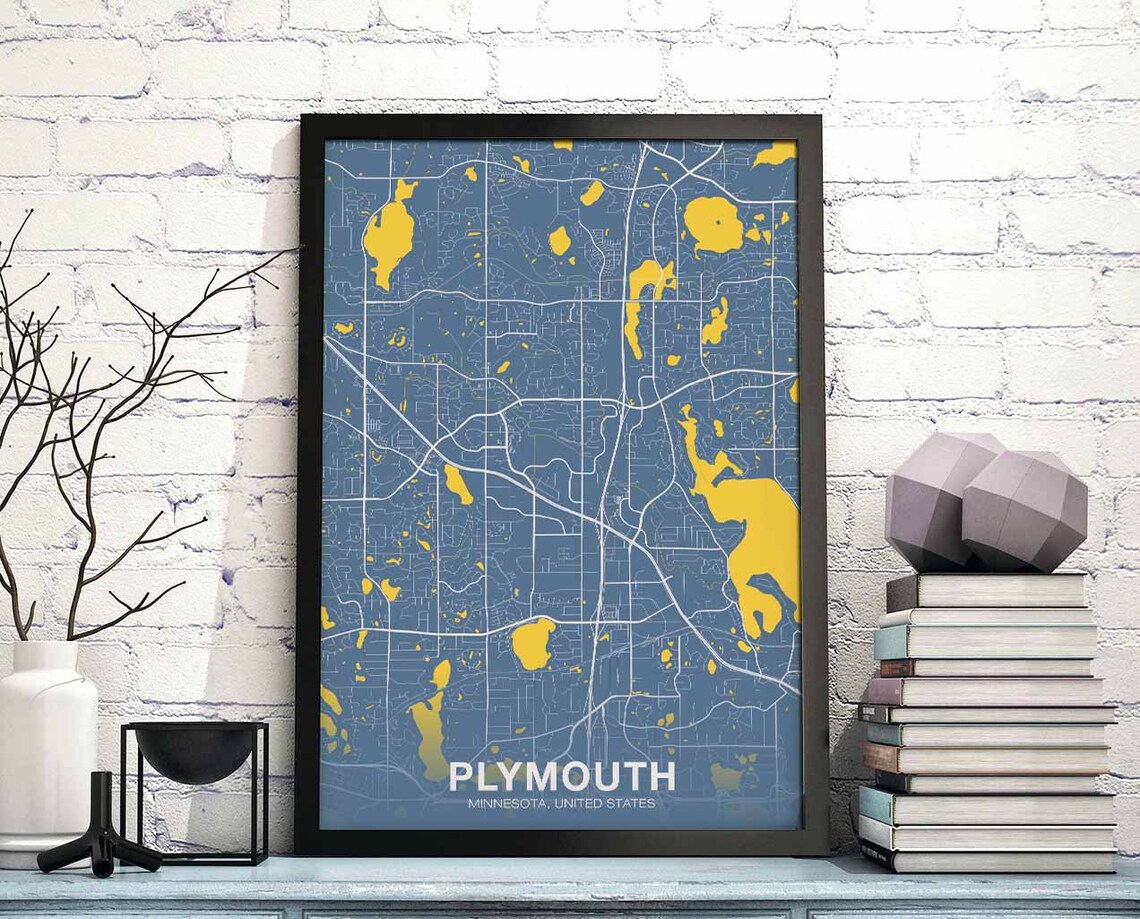 Plymouth Minnesota Blue Gold Lakes District City Map Art Poster