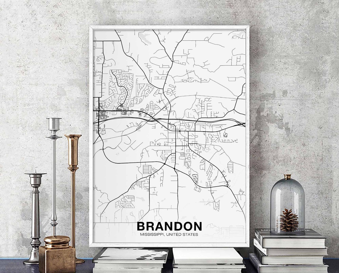 Brandon Mississippi Black and White Minimalist City Map Poster