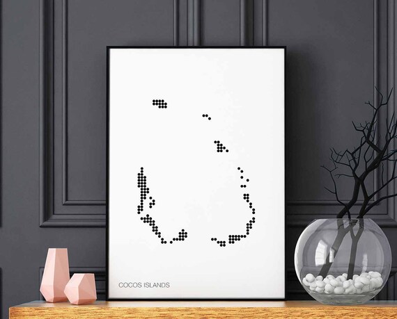 Cocos Islands Minimal Dots Retro Map Poster Black White Wall Decor Design Modern Swiss Scandinavian Nordic Housewarming Travel