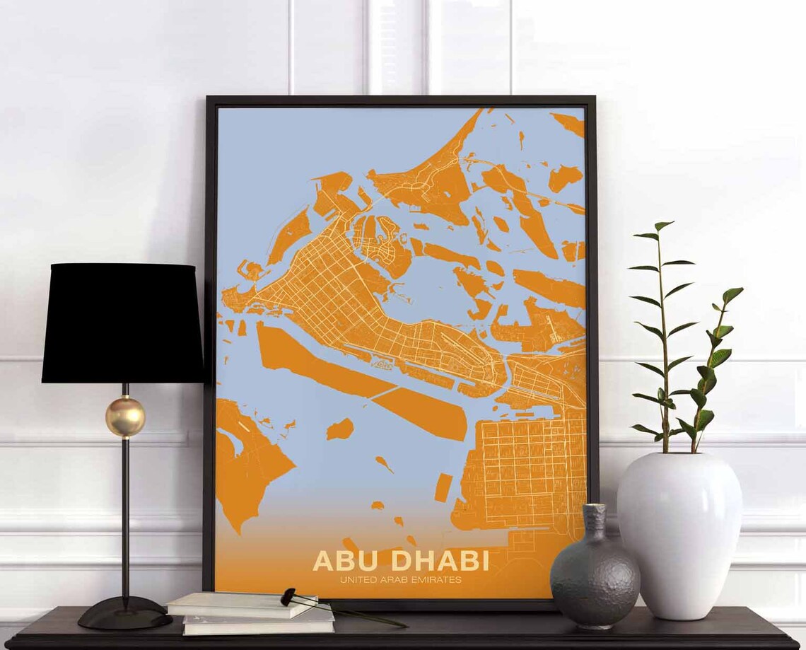 Abu Dhabi UAE Orange City Street Map Modern Coastal Travel Poster