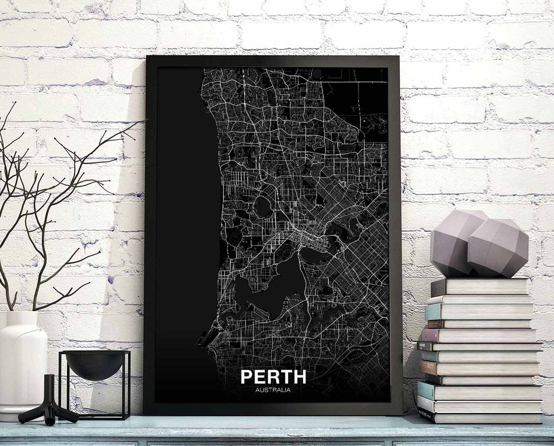 Perth Australia City Map Black Minimalist White Line Art Poster