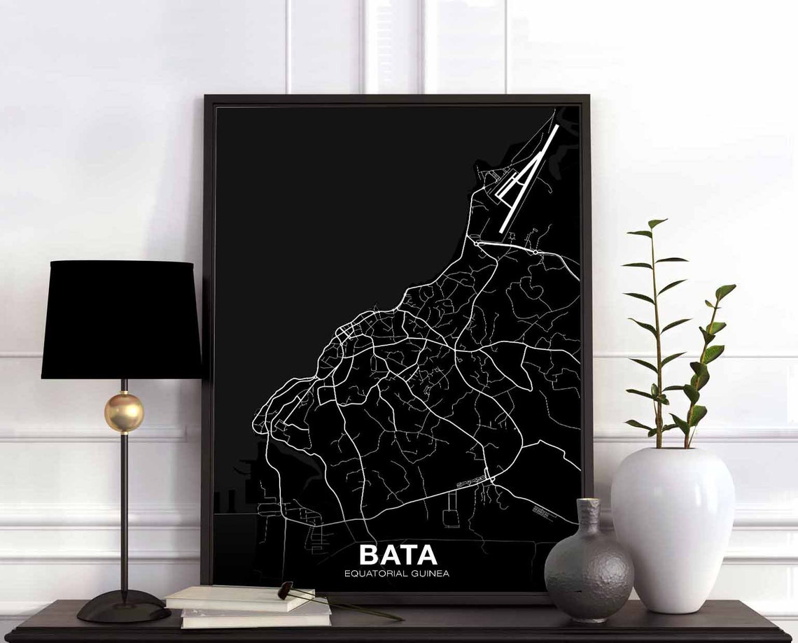 Bata Equatorial Guinea Vintage Black and White City Map Poster