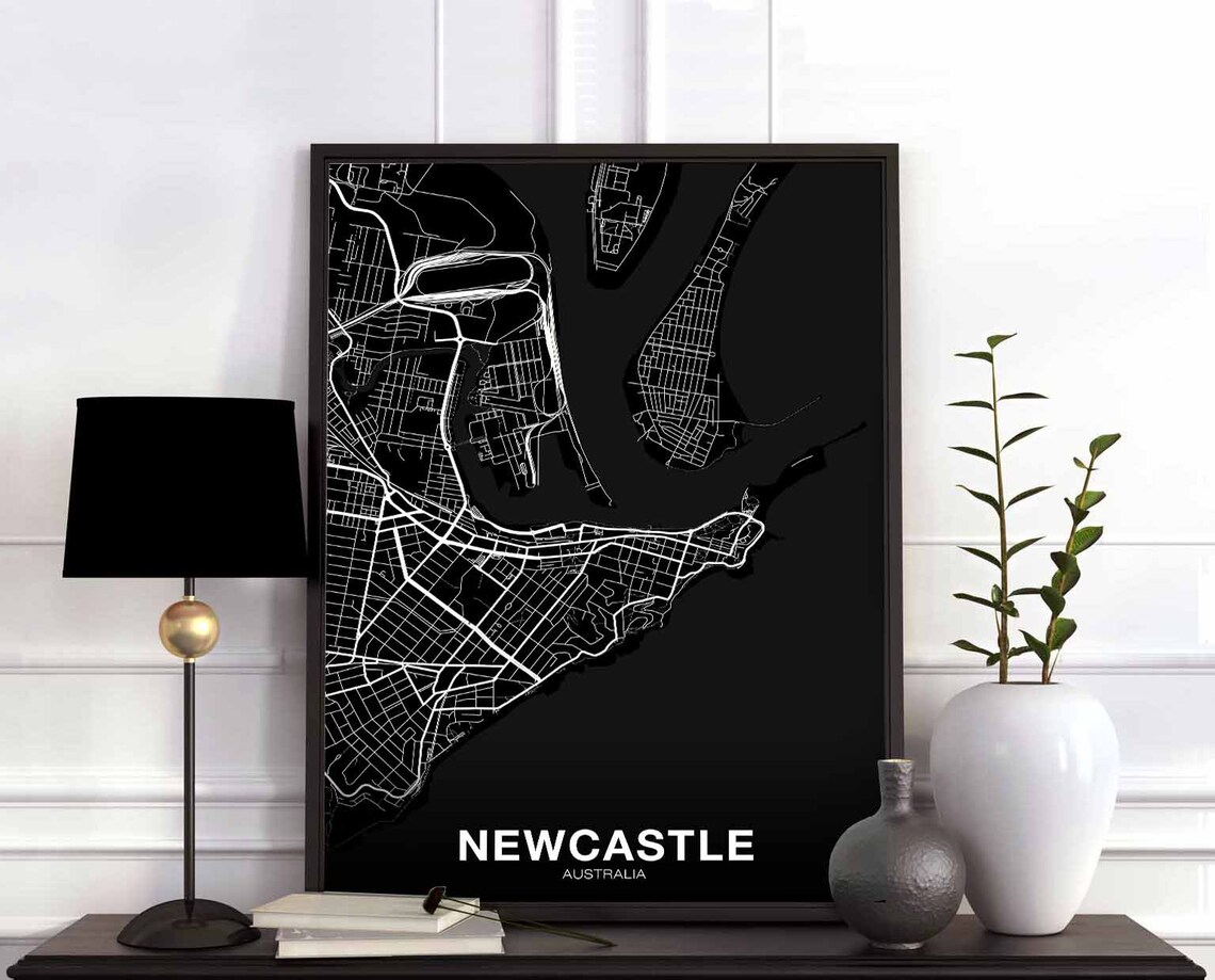 Newcastle Australia City Map Poster Black White Coastal Street Plan Art