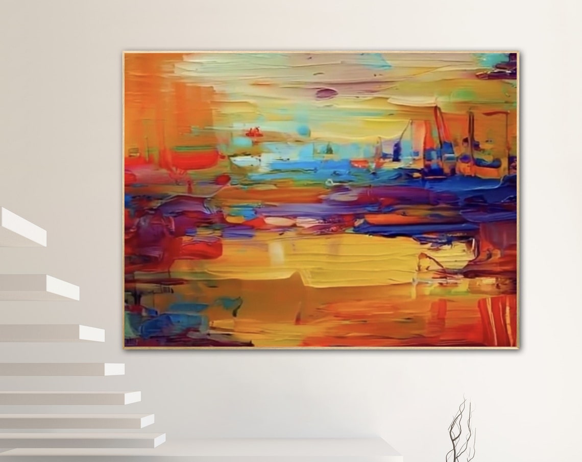 Warm Orange Abstract Sunset Landscape Impasto Style Art Poster