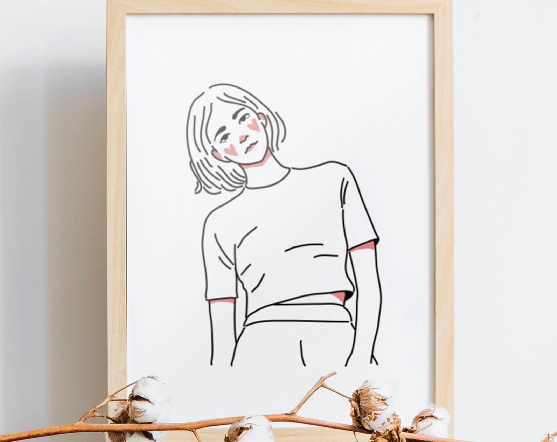 Smiling Woman Minimalist Line Portrait with Soft Pink Blush Poster
