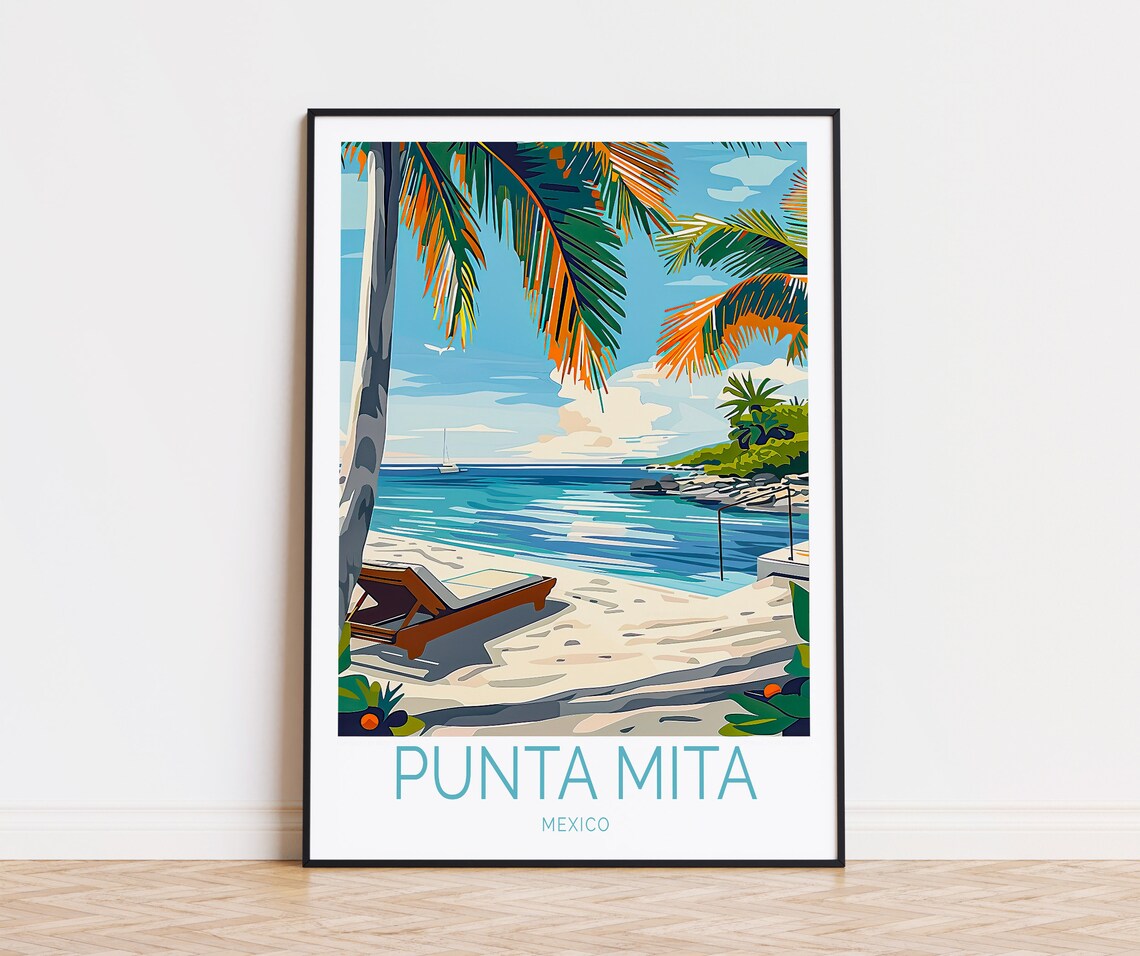 Punta Mita Mexico Tropical Beach with Sun Loungers and Palm Tree Poster
