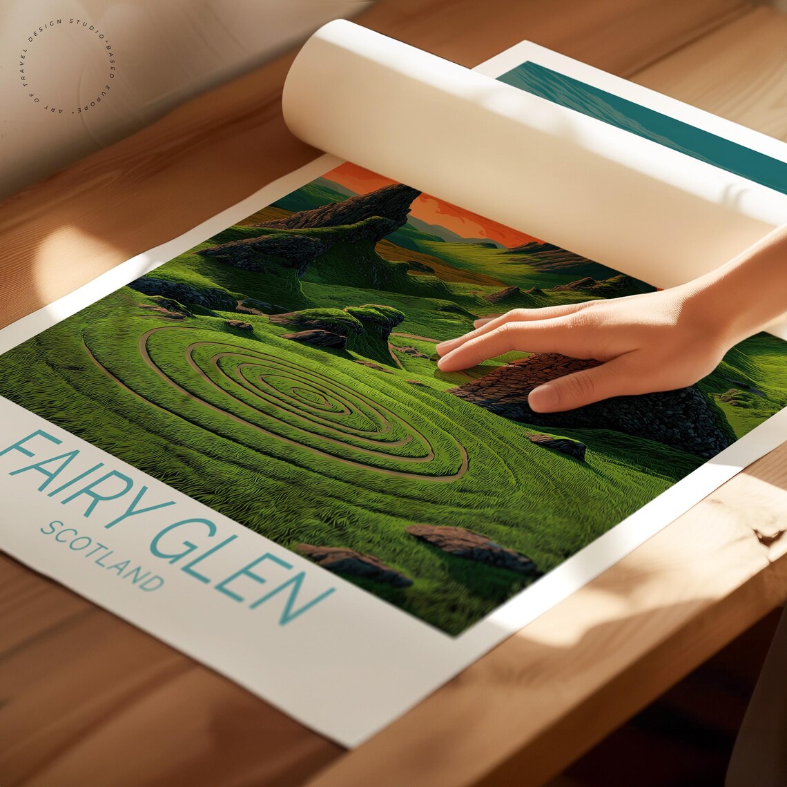 Fairy Glen Scotland Green Hills Rocky Sunset Glow Travel Poster - Image 2