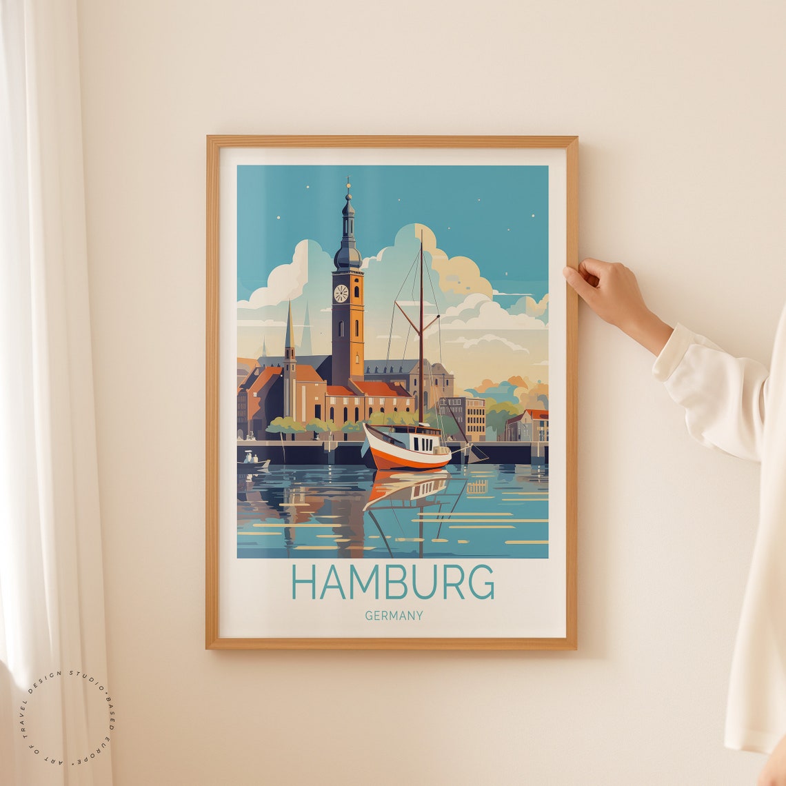 Hamburg Germany Harbor Sailboat Clock Tower Retro Travel Poster - Image 2