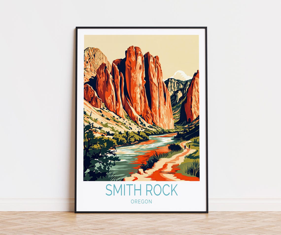 Smith Rock Oregon Sunlit Red Rock Spires Desert Travel Poster