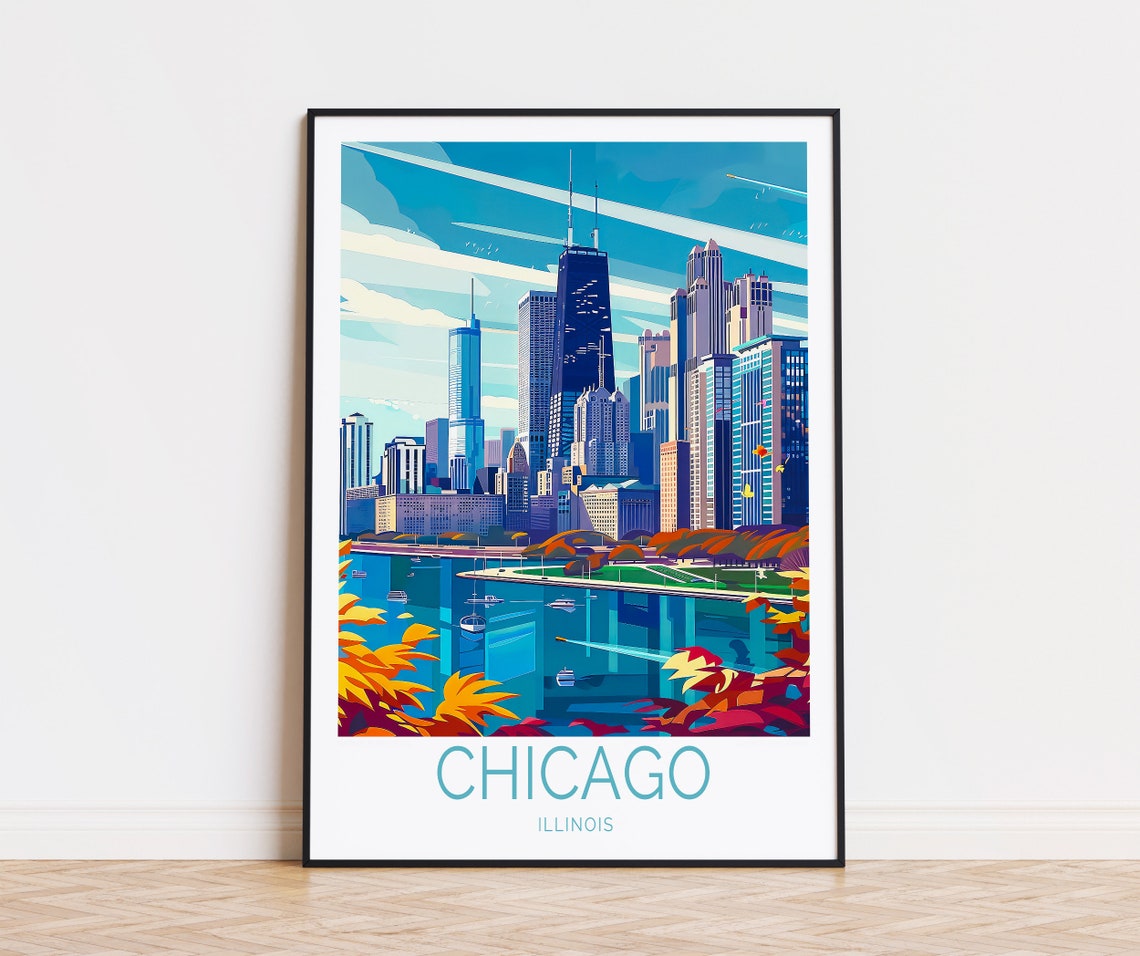 Chicago Lakefront Skyline Autumn Fall Vintage Style Travel Poster