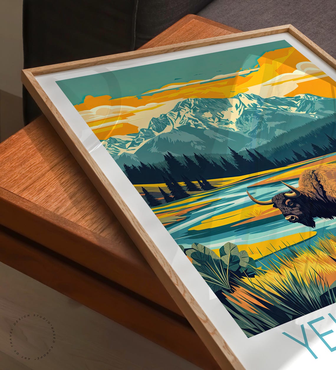 Yellowstone Bison Sunset River Caption Below Wildlife Poster - Image 3
