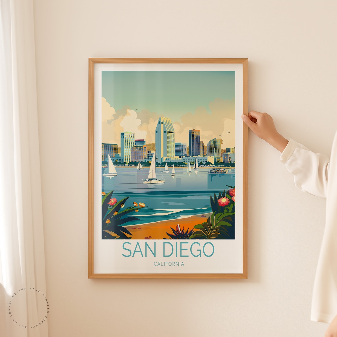 San Diego California Skyline Sailboats Beach Flowers Travel Poster - Image 2