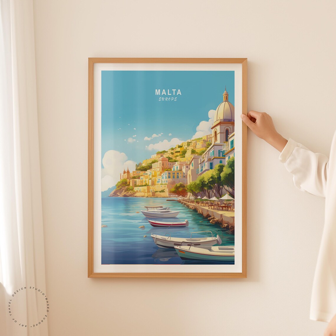 Malta Harbor Boats Domed Church Hillside Town View Travel Poster - Image 2