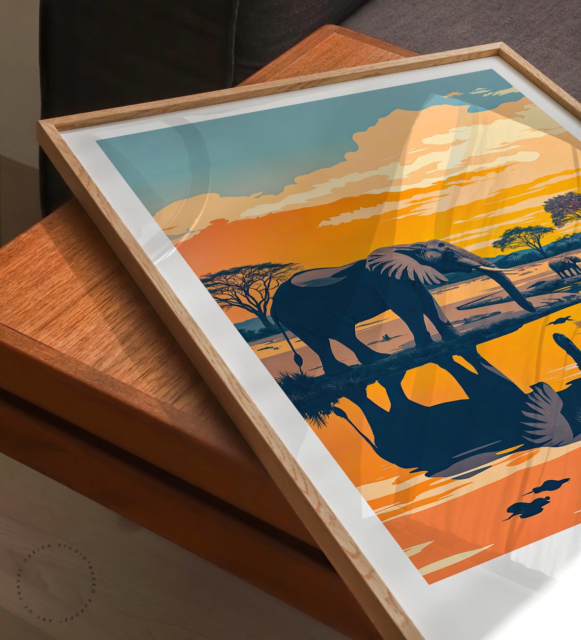 Chobe Botswana Elephants Drinking at Sunset Waterhole Travel Poster - Image 3