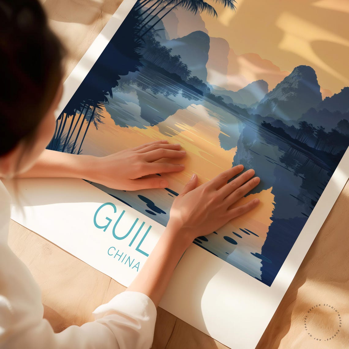Guilin China Orange Sunset Karst Peaks River Reflection Art Poster - Image 3