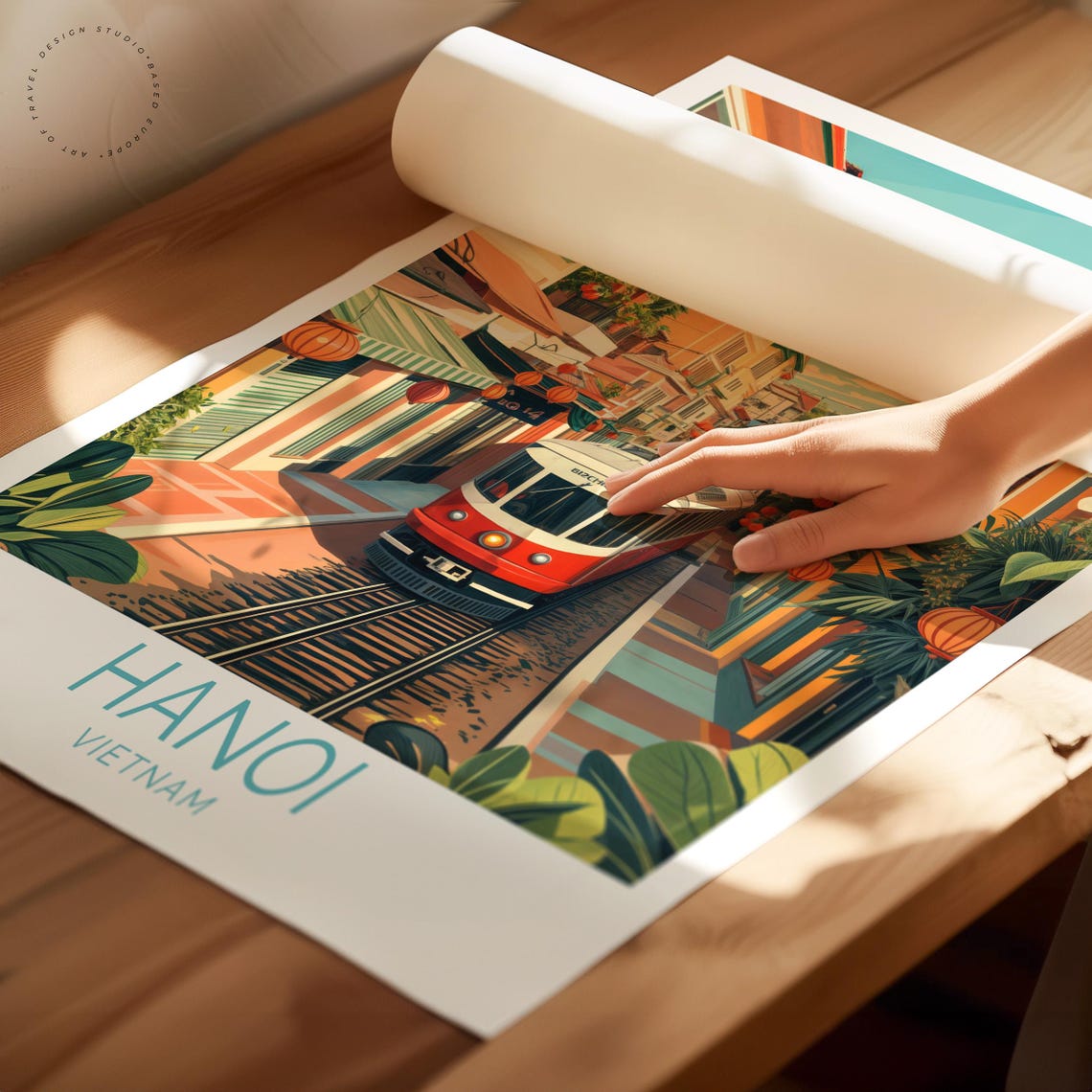 Hanoi Vietnam Train Street Red Tram Lanterns Old Town Travel Poster - Image 2