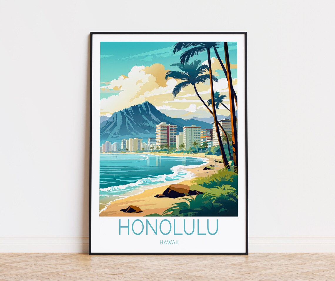 Honolulu Hawaii Waikiki Beach Diamond Head Palm Travel Poster