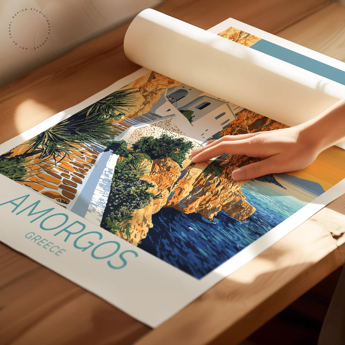 Amorgos Greece Cliffside Monastery Aegean Sunset Travel Art Poster - Image 2