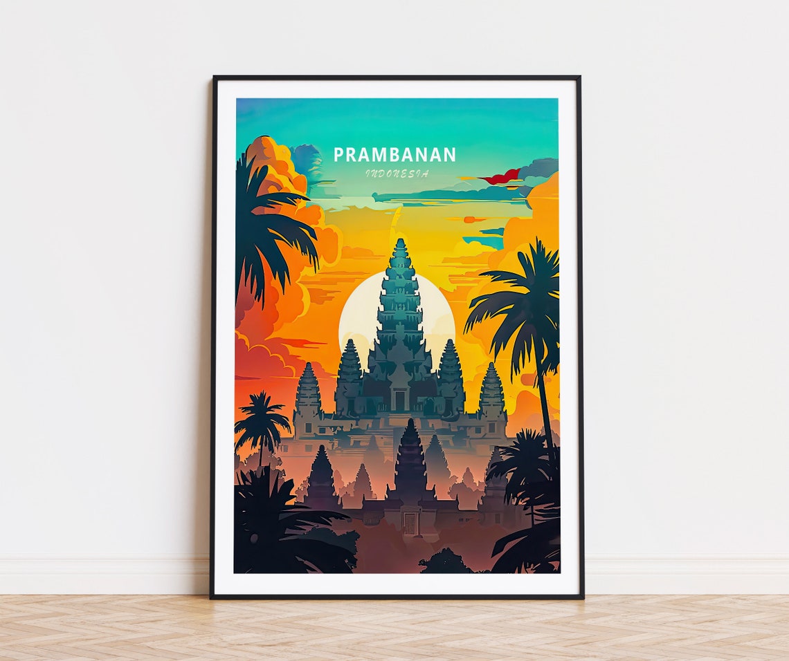 Prambanan Indonesia Temple Sunset Palm Trees Top Title Poster