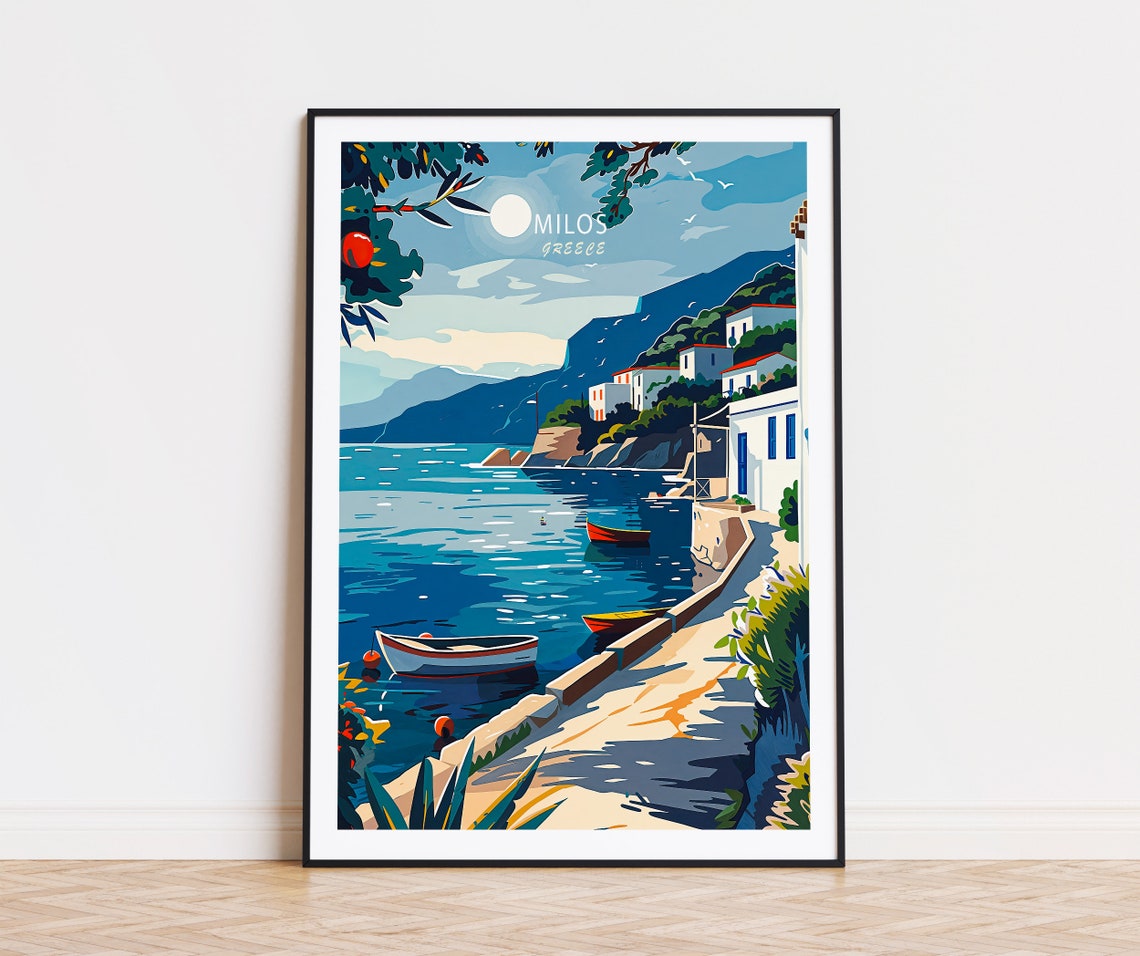 Milos Greece Seaside Harbor Sailboats Moonlit Aegean Bay Poster