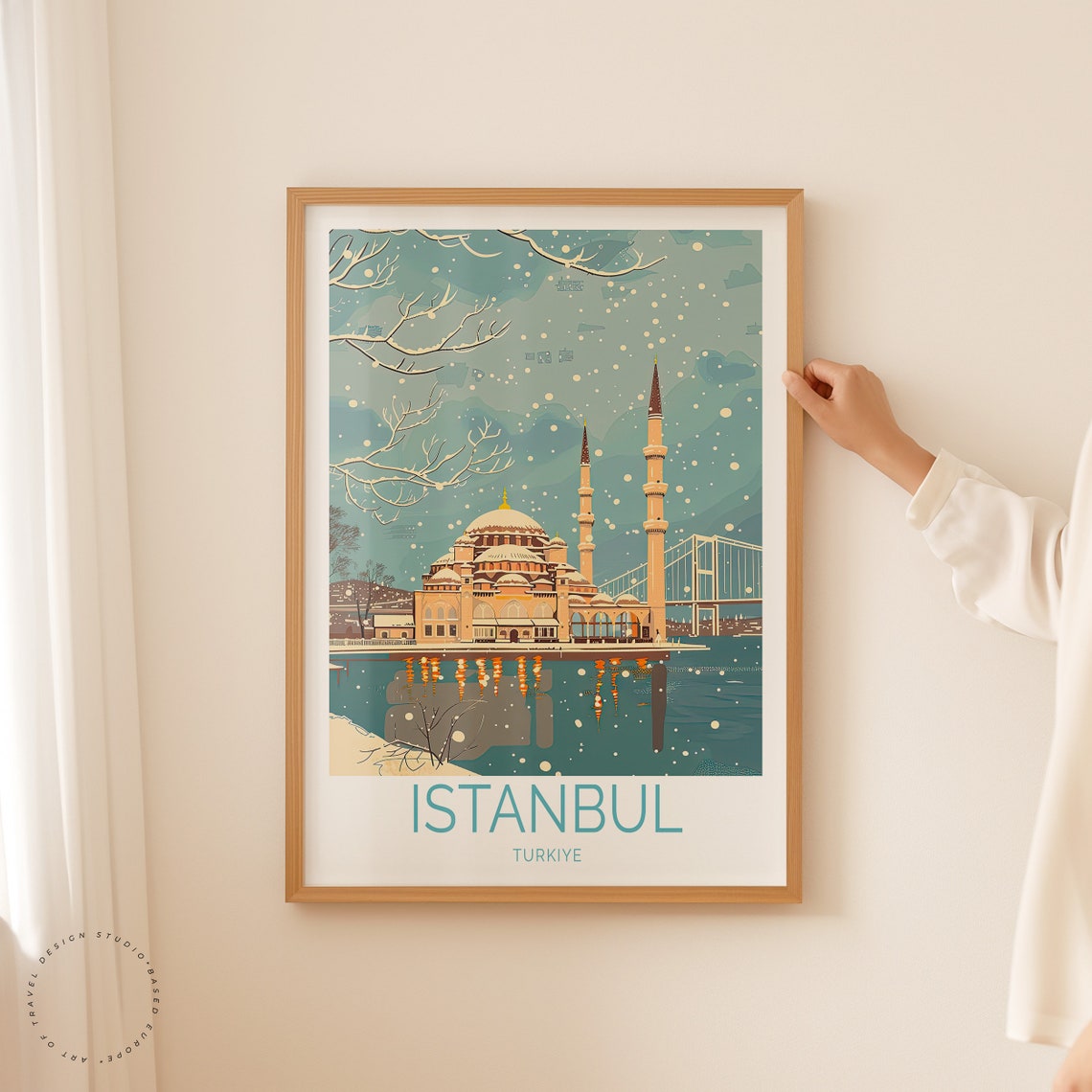 Istanbul Winter Snowy Mosque by the Bosphorus Bridge Turkey Poster - Image 2