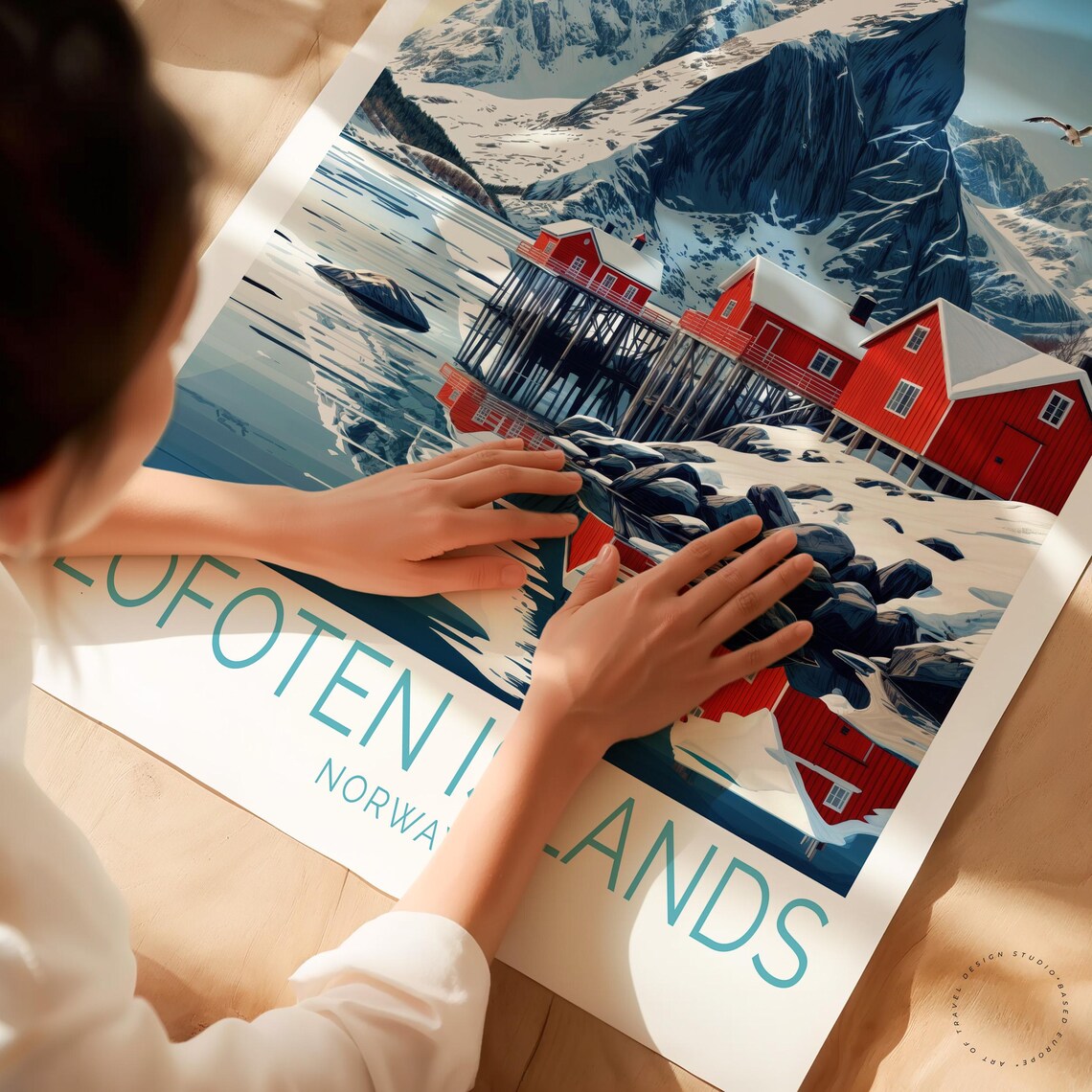 Lofoten Islands Norway Red Cabins Snowy Peak Vintage Travel Poster - Image 3