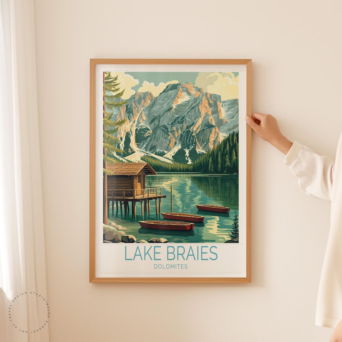 Lake Braies Dolomites Wooden Cabin Rowboats Vintage Travel Poster - Image 5