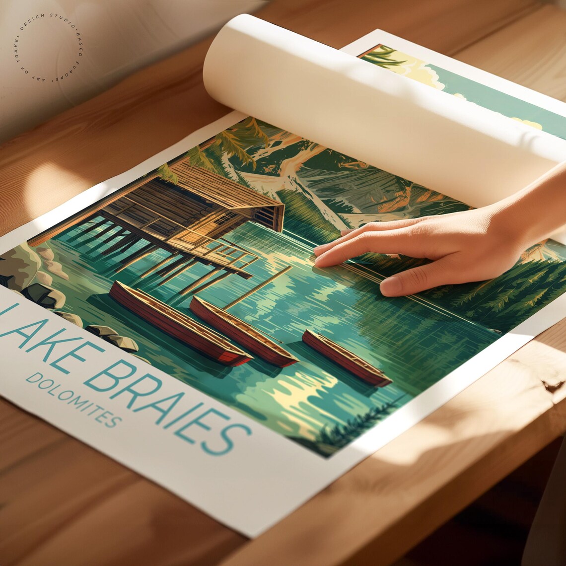 Lake Braies Dolomites Wooden Cabin Rowboats Vintage Travel Poster - Image 2