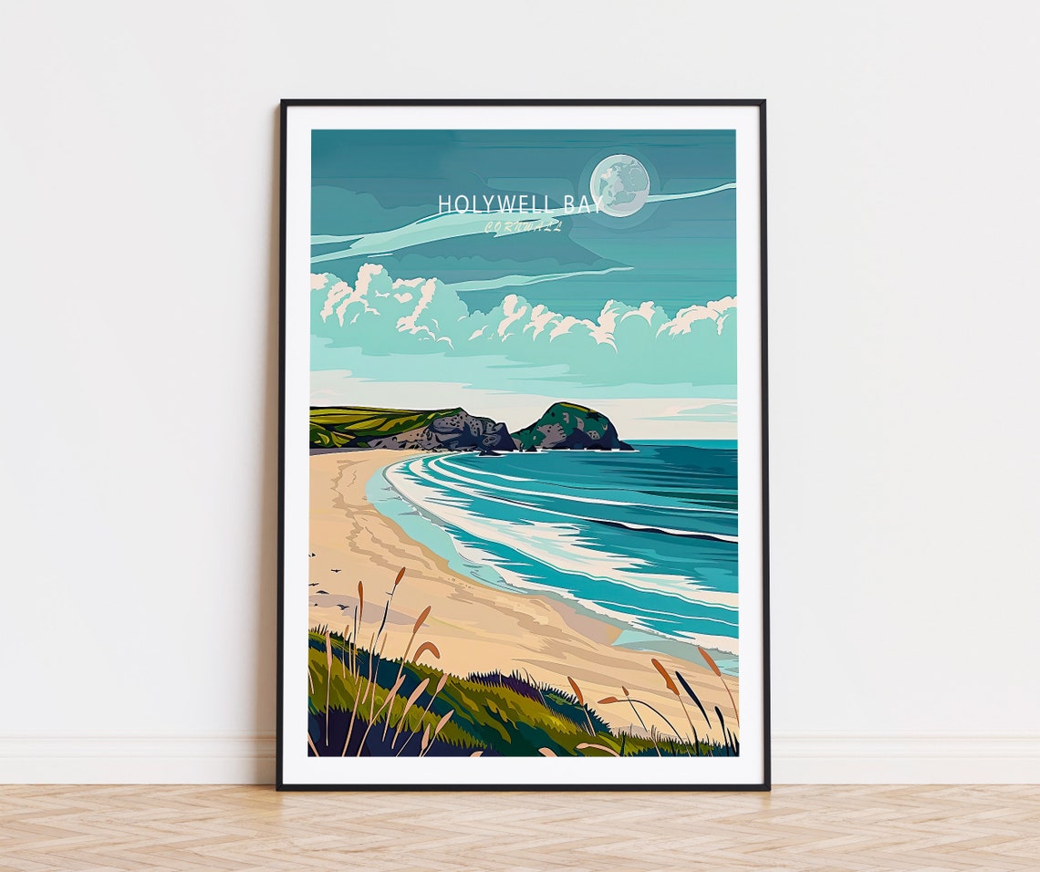 Holywell Bay Cornwall Surf Beach Moonrise Over Cornish Ocean Poster