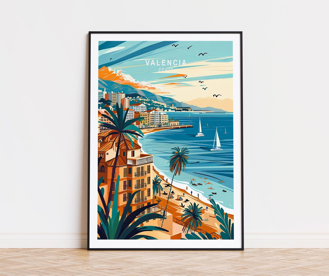 Valencia Spain Sunny Beach Coast Palms Sailboats Travel Poster