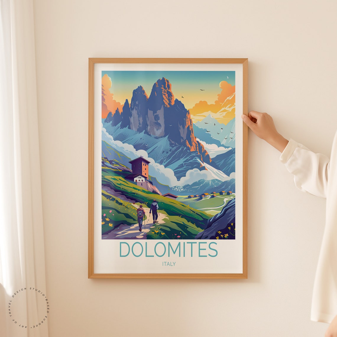 Dolomites Italy Hikers On Trail Toward Towering Alpine Peak Poster - Image 2