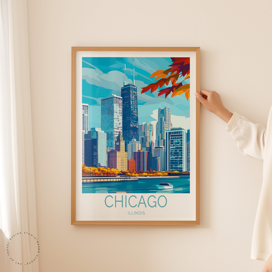 Chicago Riverfront Skyline Autumn Leaves Vintage Travel Poster - Image 2