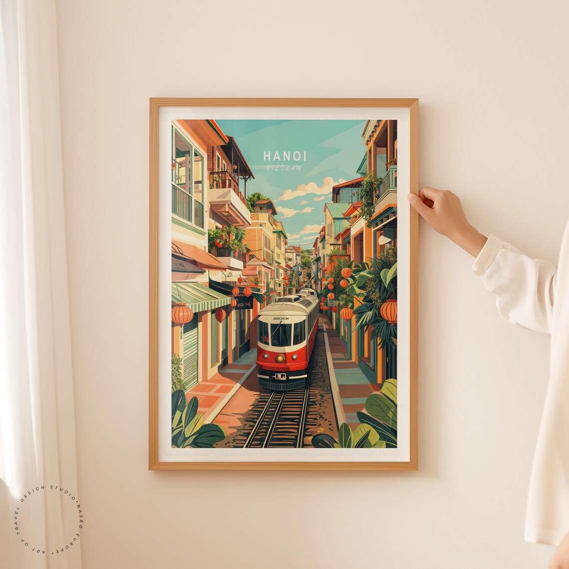 Hanoi Vietnam Train Street Red Tram Lanterns Old Town Vintage Poster - Image 5