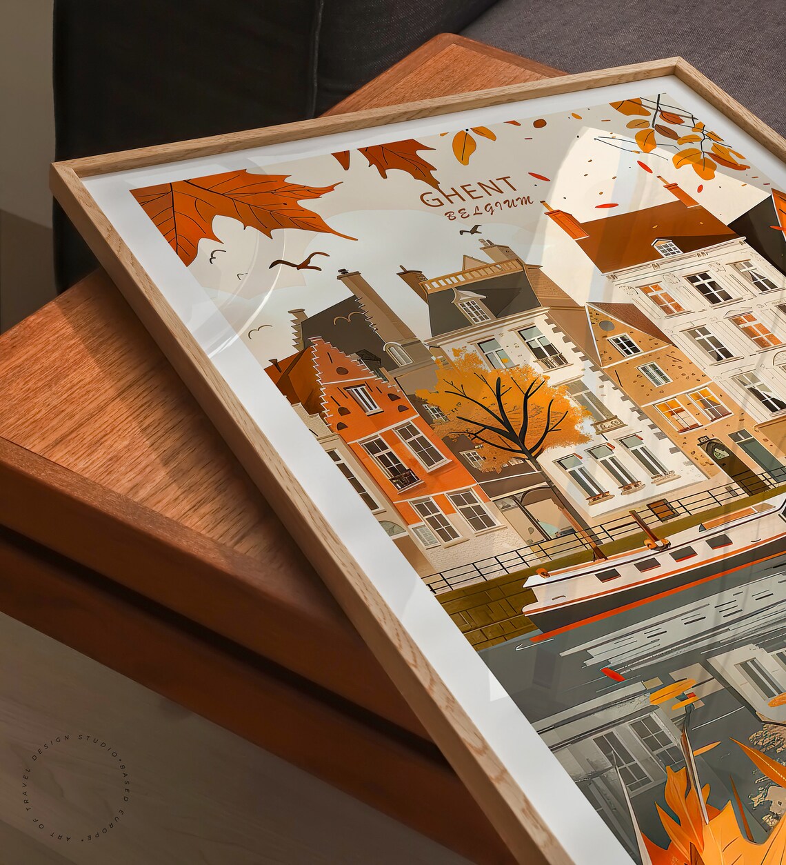 Ghent Belgium Canal Houseboats Autumn Foliage Reflections Poster - Image 3