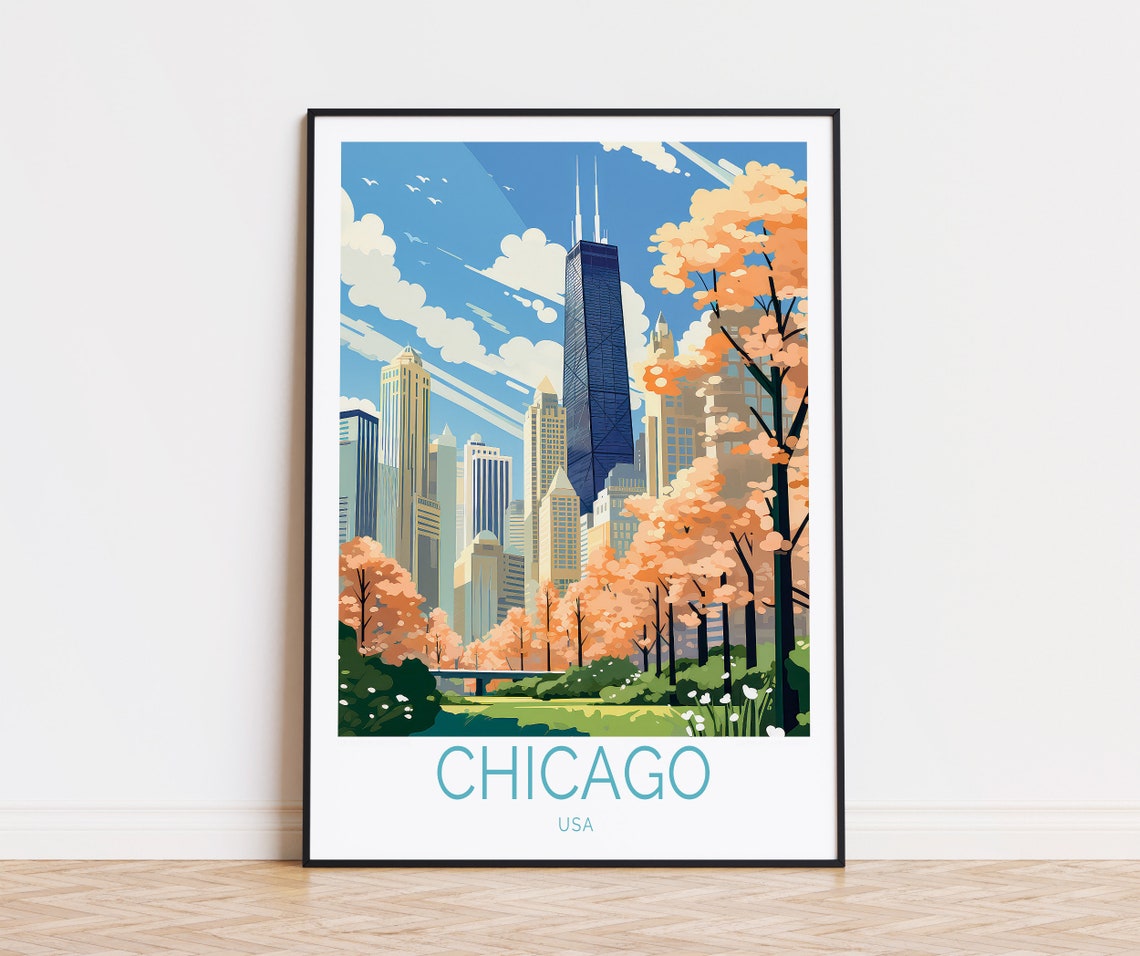 Chicago Skyline Spring Blossom Park Cityscape Vintage Travel Poster