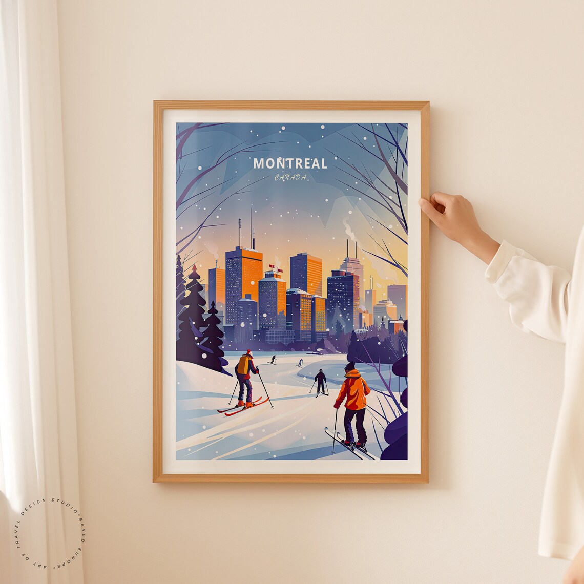 Montreal Canada Winter Skiers City Skyline Snowy Dusk Travel Poster - Image 2