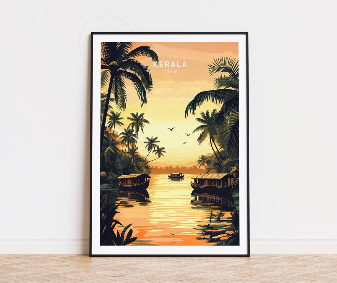 Kerala India Golden Sunset Palm Backwater Boats Travel Poster