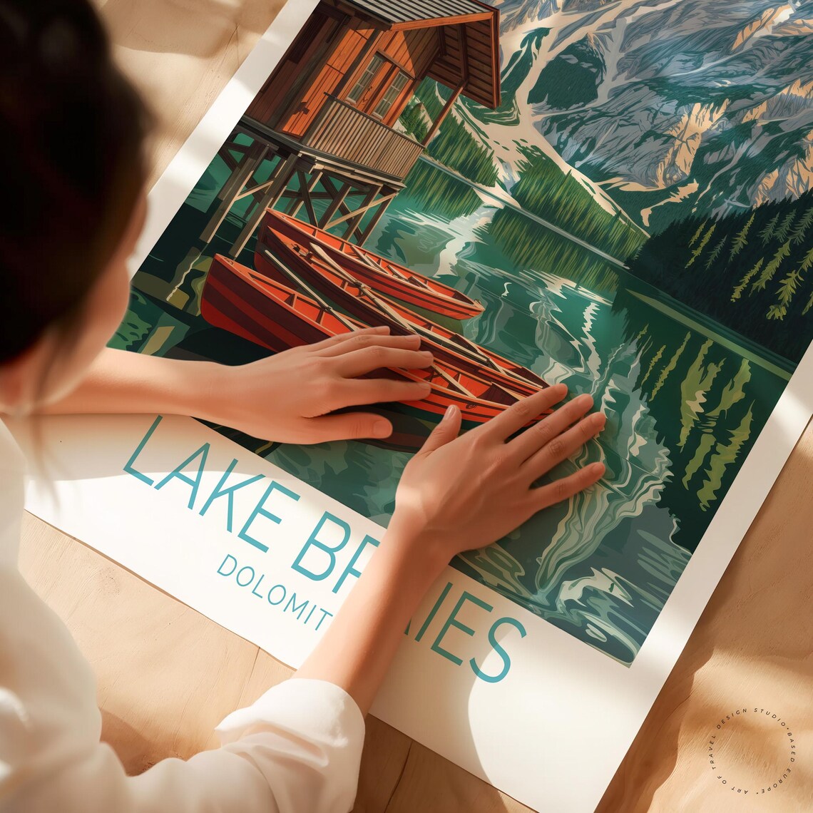 Lake Braies Dolomites Boathouse Red Rowboats Vintage Travel Poster - Image 3