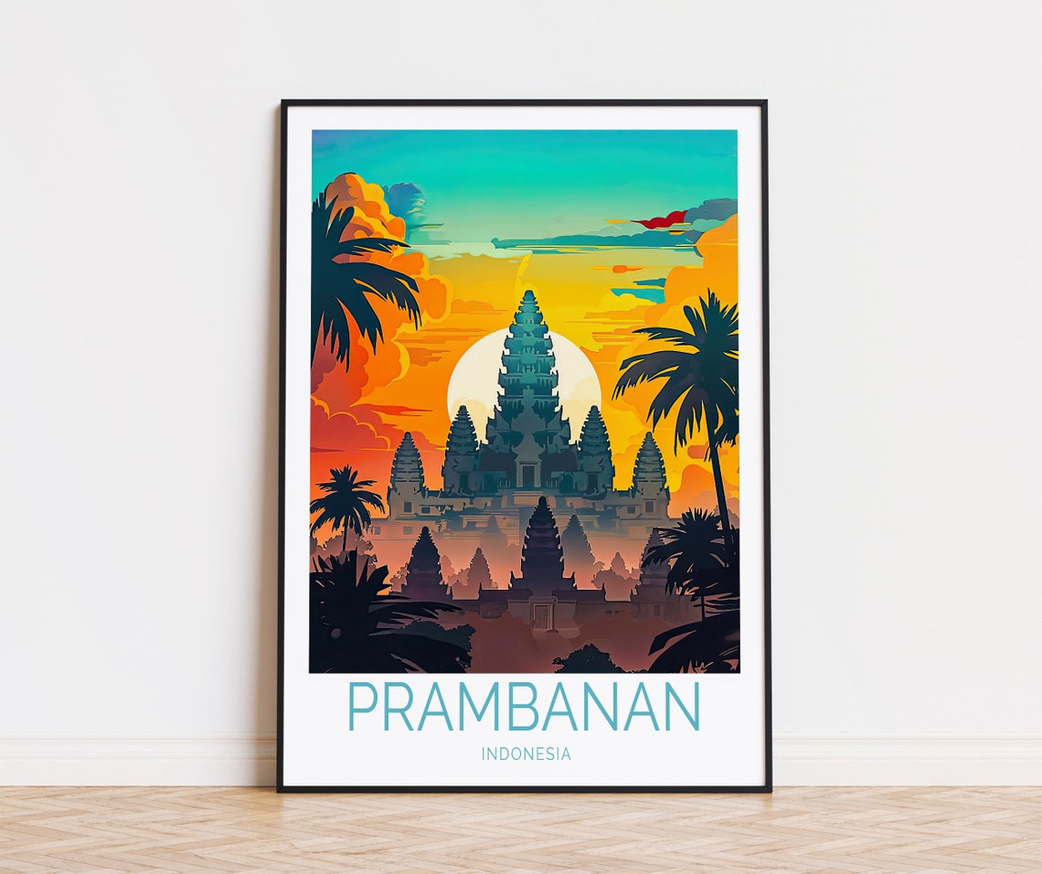 Prambanan Indonesia Temple Sunset Palm Trees Bottom Title Poster