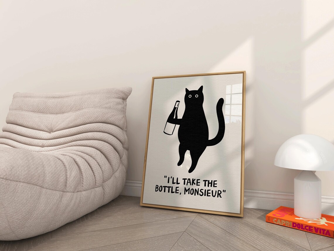 Funny Wine Cat Poster, Vintage Kitchen Wall Art - Image 2